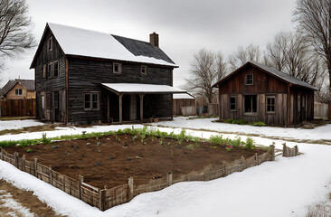 garden, vegetable garden, bare bushes without leaves in the garden against the background of a dilapidated wooden pale blue house with windows, dry grass, snow, thawed patches, gray sky