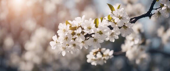 Obraz premium Beautiful spring nature scene with white blooming tree. Abstract blurred background. Soft selective