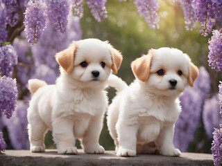 Two adorable puppies, one white and one brown, sit surrounded by flowers in a snowy garden, creating a cute and funny portrait of these purebred dogs