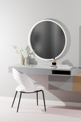 Interior of light makeup room with table, mirror and organizers, 3d render