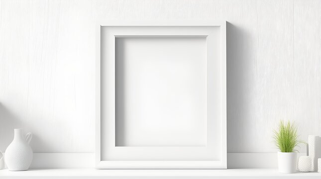 A square white frame on a table beside a plant - perfect for a mockup template!