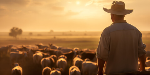 Farmer overlooking cattle herd at sunrise in countryside