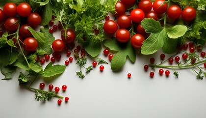 Cherry tomatoes and cilantro greens on a light background close-up, banner. Concept: gastronomic ingredients, cooking, restaurants, advertising