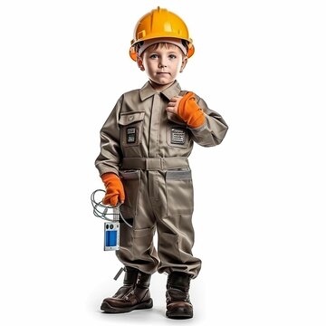 Little boy in Electrician suit on a white background. Children's dream career concept commercial imagery