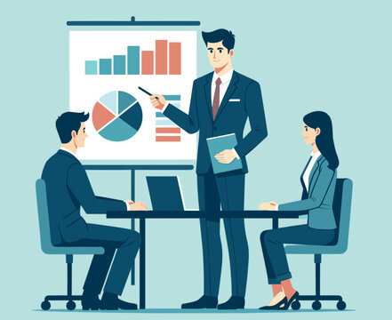 The idea. Discussion about a new business project. Brainstorming. Business vector illustration,a man in a suit giving a presentation to two other people, all of whom are sitting at a table. vector