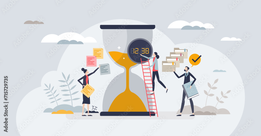 Wall mural Effective time allocation with hourglass as work planning tiny person concept. Successful time management system with team organization and deadline strategy vector illustration. Clock with tasks.