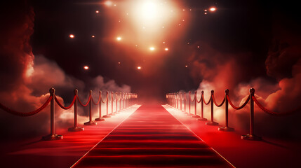 Red carpet on the stairs on dark background, the way to glory, victory and success