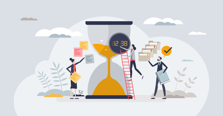 Effective time allocation with hourglass as work planning tiny person concept. Successful time management system with team organization and deadline strategy vector illustration. Clock with tasks.