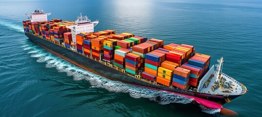 Aerial view of container cargo ship sailing in the vast expanse of the sea under clear blue skies