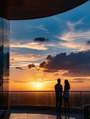 Fototapeta premium A Photo Of A Couple Watching A Stunning Sunset From The Wraparound Balcony Of Their Penthouse Suite