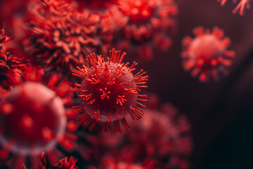 3D illustration Red Coronavirus 2019-nCov concept. Virus under a microscope close-up.
