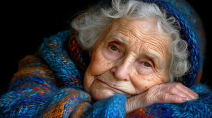 elderly woman with silver hair and deep wrinkles rests her cheek on her hand, wrapped in a colorful knitted shawl - Powered by Adobe