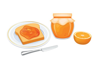 Toasted bread with orange jam vector illustration. Toast on a plate and orange marmalade breakfast still life vector. Jam jar with orange and slice of bread icon set isolated on a white background