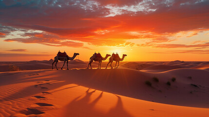 Fototapeta na wymiar Camels walk on the desert under the sunset