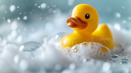 Charming yellow duck toy floating in a bubbly bath