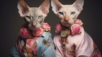 portrait of 2 Sphynx cats wearing pink flower dress