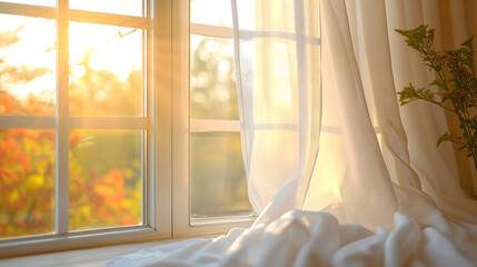 Morning sunlight streaming through a window with sheer curtains - obrazy, fototapety, plakaty