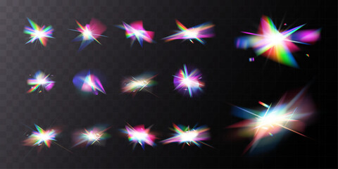 Crystal rainbow light reflection effect. Colorful clear iridescent lenses.	
