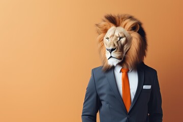 animal lionwild animal jungle concept Anthromophic friendly wearing suite formal business suit pretending to work in coporate workplace studio shot on plain color wall - Powered by Adobe