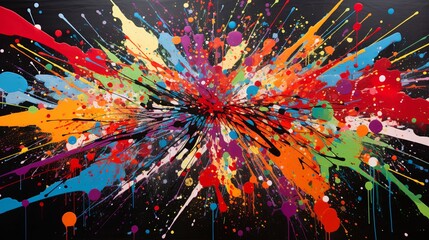 A colorful multi-hue splatter pattern on a black canvas - obrazy, fototapety, plakaty