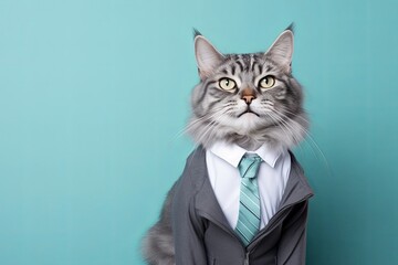 animal pet cat concept Anthromophic friendly cat kitten wearing suite formal business suit pretending to work in coporate workplace studio shot on plain color wall