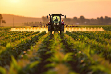 Tractor Spraying Pesticides on cornfield Plantation at Sunset. Farming concept