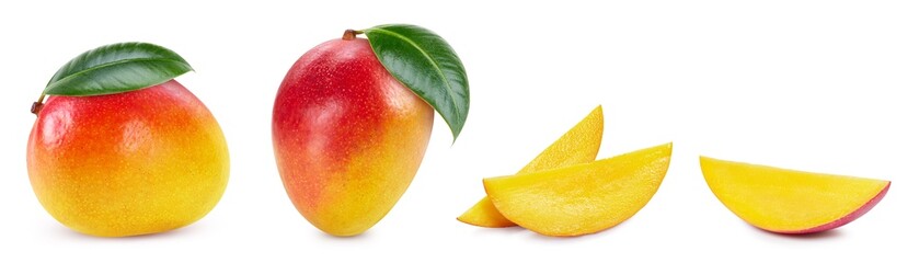 Fresh organic mango with leaves isolated on white background