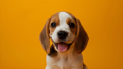 Beagle isolated on yellow background with copy space. Close up portrait of happy smiling puppy dog...