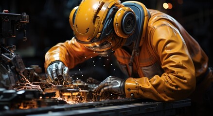 Amidst the clanging of metal and sparks flying, a dedicated bluecollar worker dons his helmet and gloves to continue his skilled craft as a technician in the industrial indoor setting
