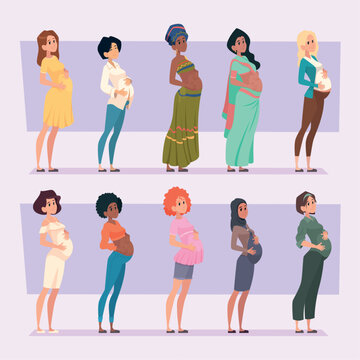 Pregnant. Multicultural motherhood pictures set exact vector female side view illustrations of pregnant woman