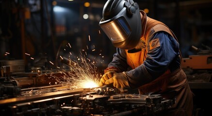 A dedicated blue-collar welder dons their protective helmet and works tirelessly through the night, fashioning molten metal into a masterpiece in the indoor factory