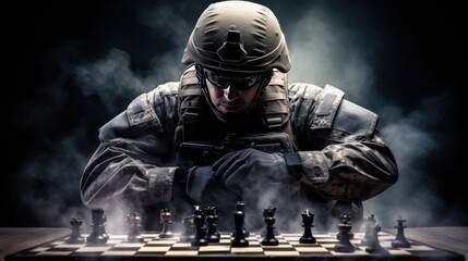 A military man sits at a chessboard and strategizes military action. The concept of offensive or defensive tactics. Design for banner, flyer, poster, cover or brochure. Illustration for varied design. - obrazy, fototapety, plakaty