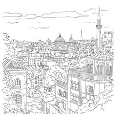Fototapeta premium Panoramic view of the old city. Monochrome linear primitive sketch, in a naive style.