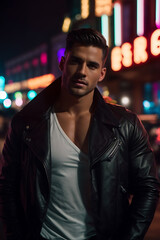 Fototapeta premium Man in Leather Jacket Standing on City Street. Generative AI.