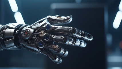 Close-up of a robotic arm made of gray metal. Technology development, artificial intelligence and humanoid robot. Cyborg hand. Development of medicine, medical prosthesis for the hand.