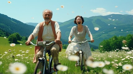 Happy elderly couple riding a bicycle in the nature. Active lifestyle. Illustration for cover,...