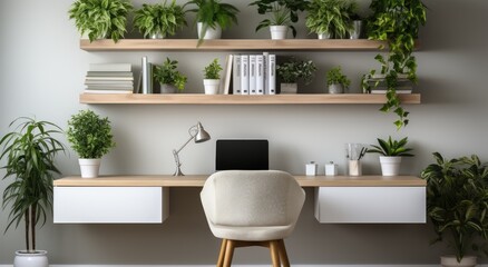 A tranquil corner of greenery and productivity, with a laptop resting on a sleek desk surrounded by a curated display of houseplants in various flowerpots and vases on elegant shelves against a styli