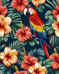 Obraz premium a colorful parrot sitting on top of a tree branch, wallpaper design, tropical birds, tropical flowers, tropical background, elegant tropical prints, floral wallpaper, dark flower pattern wallpaper,