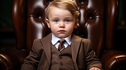Boy boss in a suit sitting in a leather chair. Beautiful stylish confident child. The concept of golden youth. Fashion as a way of life. Illustration for cover, card, interior design, poster, brochure
