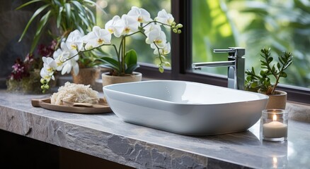 Fototapeta premium A serene indoor garden blooms atop the ceramic sink, accompanied by a flowerpot and vase on the counter, with a mixing bowl and tap nearby