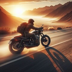 Motorcyclist riding fast at dusk on country road in slow motion, motorcycle adventure lifestyle