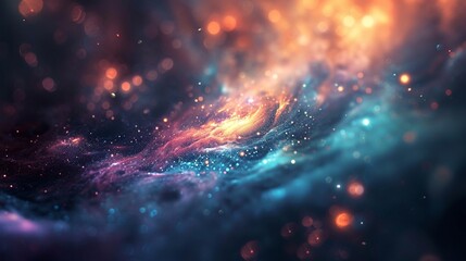 Dark, deep space colors in an abstract blurry background, with swirling defocused lights resembling distant galaxies.