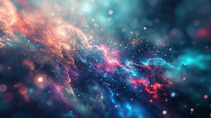 Dark, deep space colors in an abstract blurry background, with swirling defocused lights resembling distant galaxies.