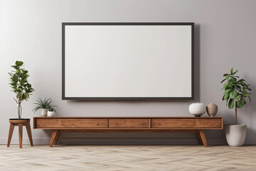 empty, blank mockup, white tv screen, at a minimalistic wall 