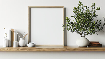 Essential aesthetics come to life: A square empty mock-up poster frame graces a wooden shelf, within a modern living room boasting white walls and carefully curated home decor pieces.