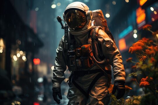 A lone astronaut braves the downpour in their pressure suit, resembling a fearless firefighter in their protective garment