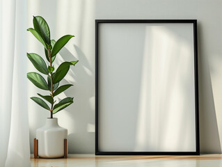 Closeup of an image Mockup with a small plant, the image is completly white for copy space, with black Picture Frame, no text, minimalistic, clean and empty image 