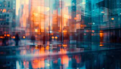 Abstract bokeh, building and blurred architecture background for design, finance and financial business center. Colorful, urban city and glow reflection mockup for investment, economy and wallpaper