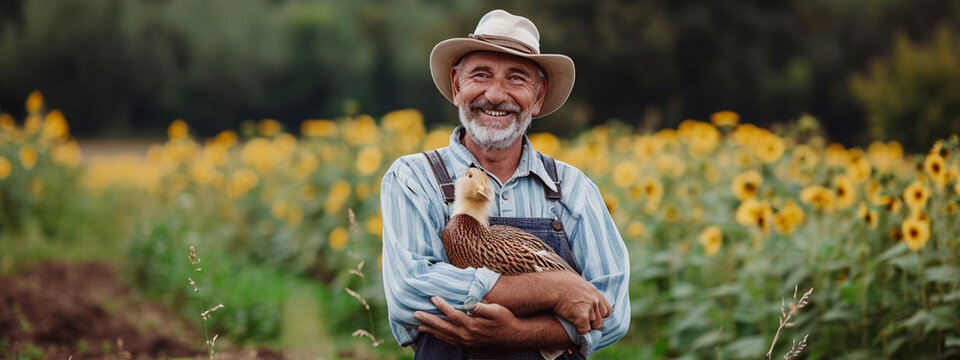 the farmer holds a duck in his hands, on the background of the farm