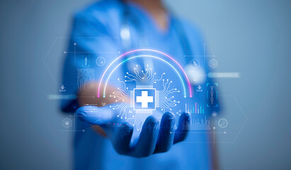 Elevate healthcare with AI technology services.Virtual health care analytics empower medical professionals in the medical revolution. Data analytics enhance patient care and healthcare administration. - obrazy, fototapety, plakaty
